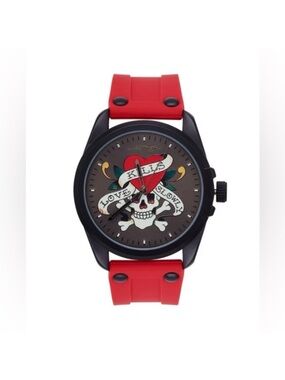 Ed Hardy Red Strap Tattoo Skull Watch